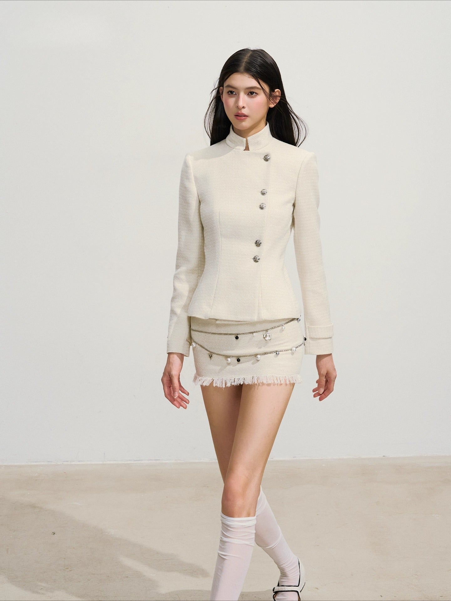 Shimmery Tweed Waist Jacket &amp; Fringe Hem Skirt Set