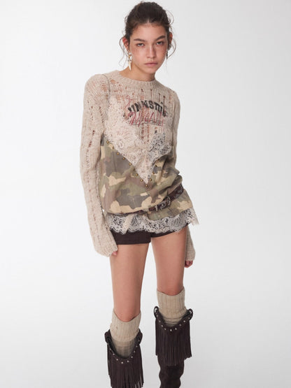Camouflage V-Neck Lace Rhinestone Cami Top