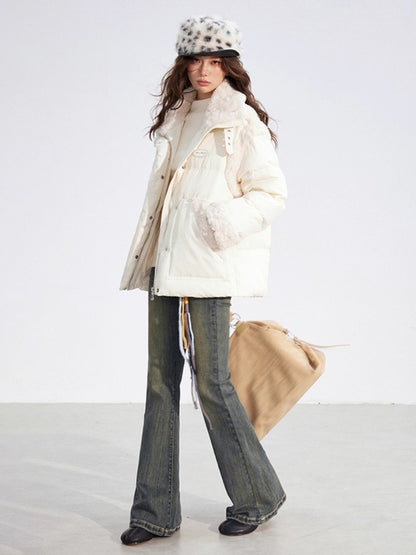 Shearling Patchwork White Down Puffer Jacket