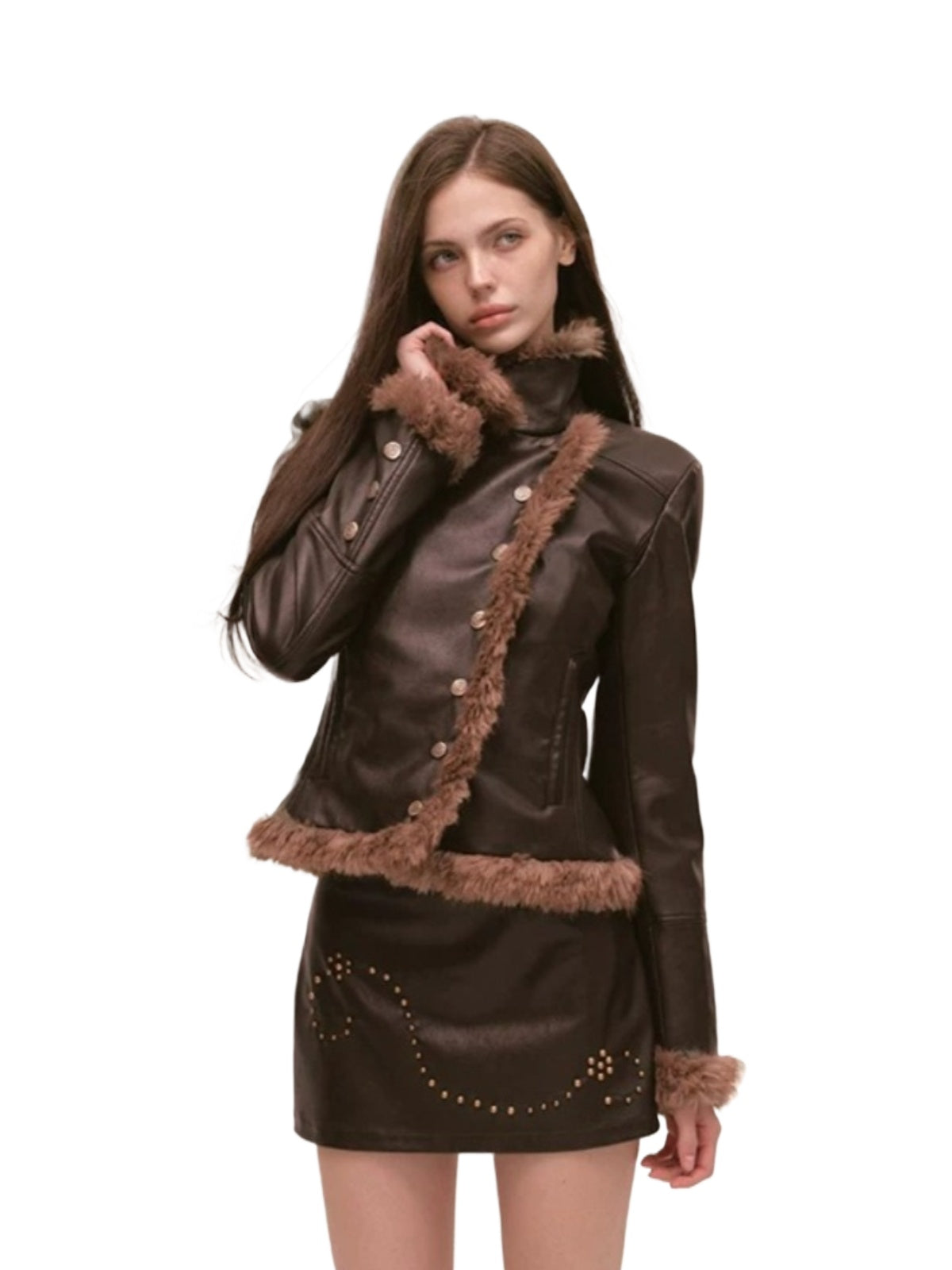 Asymmetric Fur-Trimmed Faux Leather Jacket