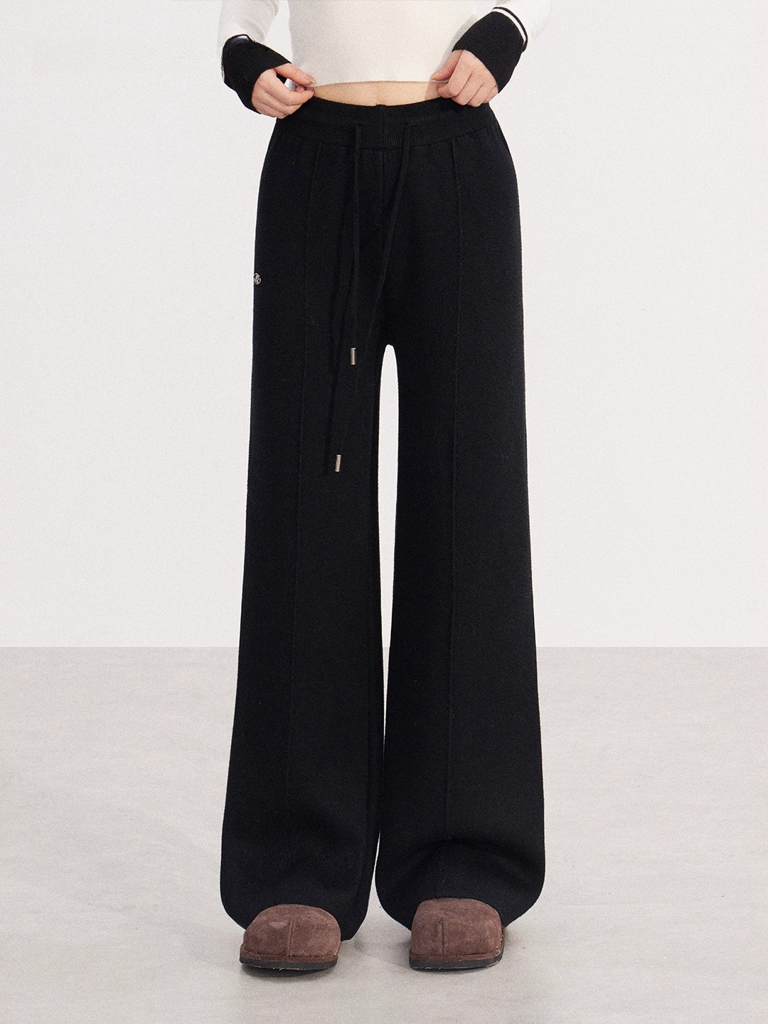 Fleece-lined Knit Elastic Waist Wide-leg Pants