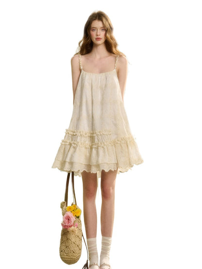 Handcrafted Shell Pleated Lace Strap Dress