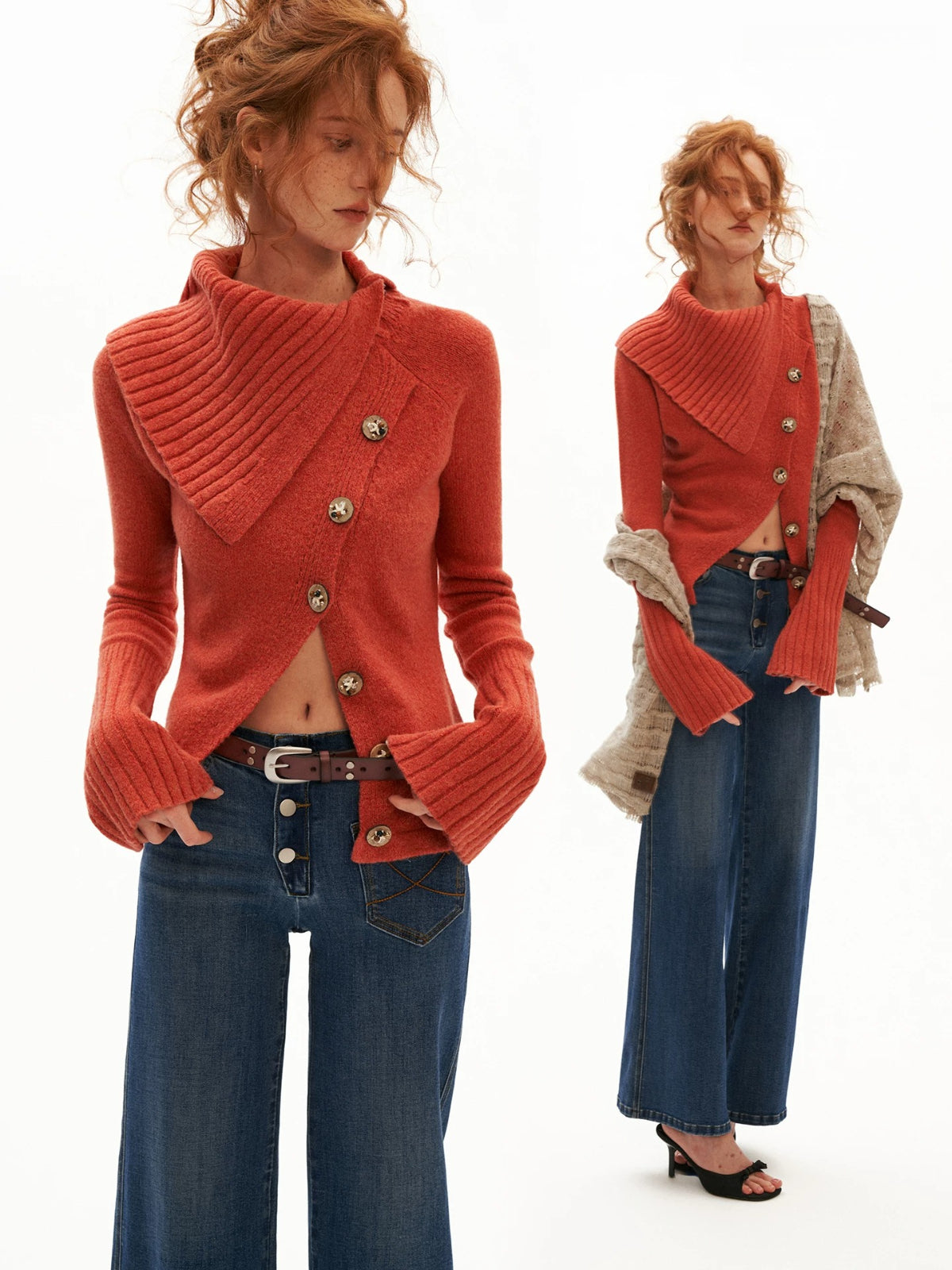 Asymmetrical High Neck Fitted Knit Cardigan