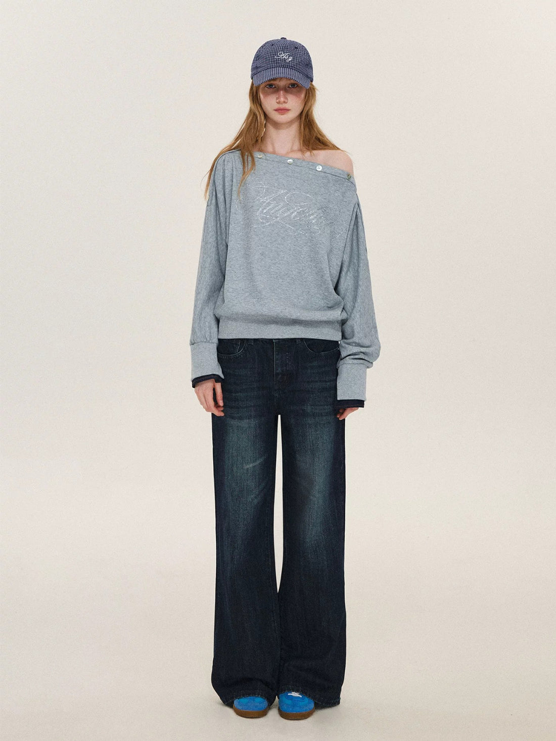 Rhinestone Button Off-Shoulder Sweatshirt