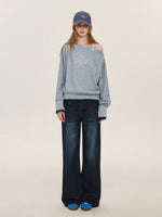 Rhinestone Button Off-Shoulder Sweatshirt
