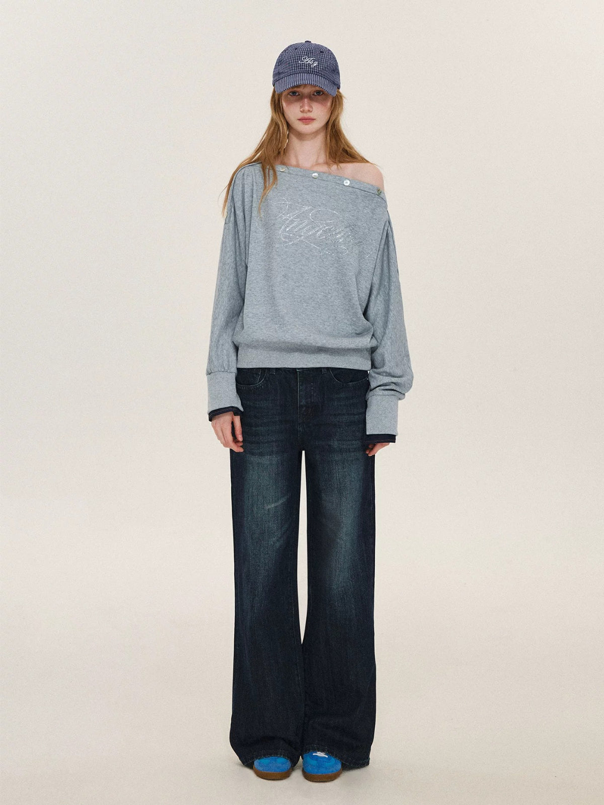 Rhinestone Button Off-Shoulder Sweatshirt