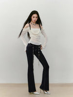 Draped Neck Leather Strap Acetate One-shoulder T-shirt
