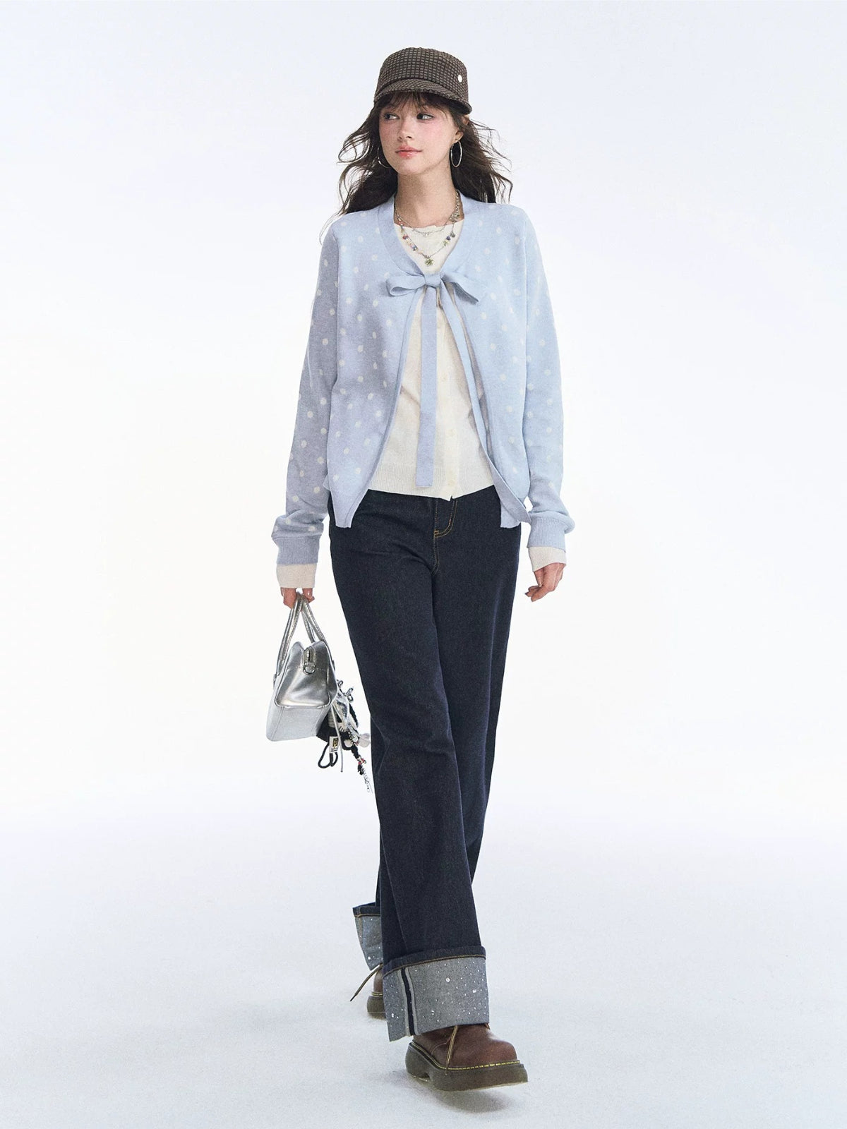 Polka Dot Bow Tie Knit Cardigan