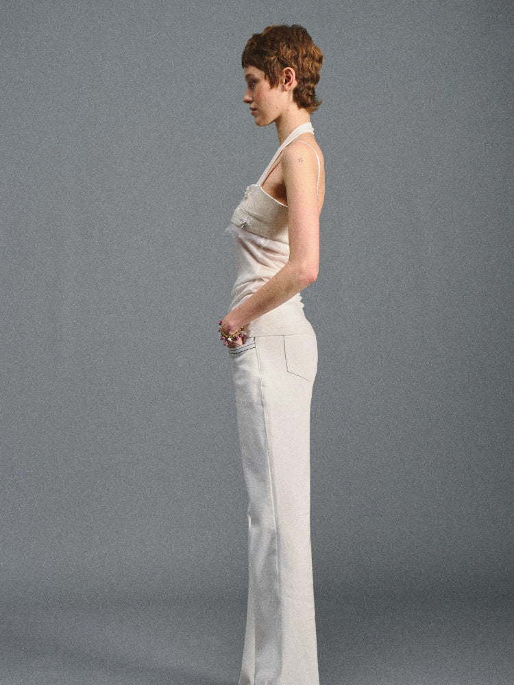 White Low-Rise Flared Pants