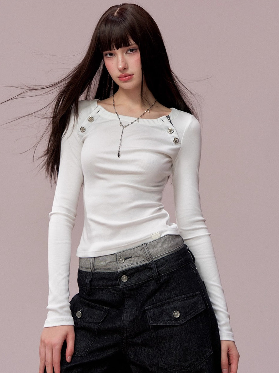 Rose Button Detail Fitted Long Sleeve Top