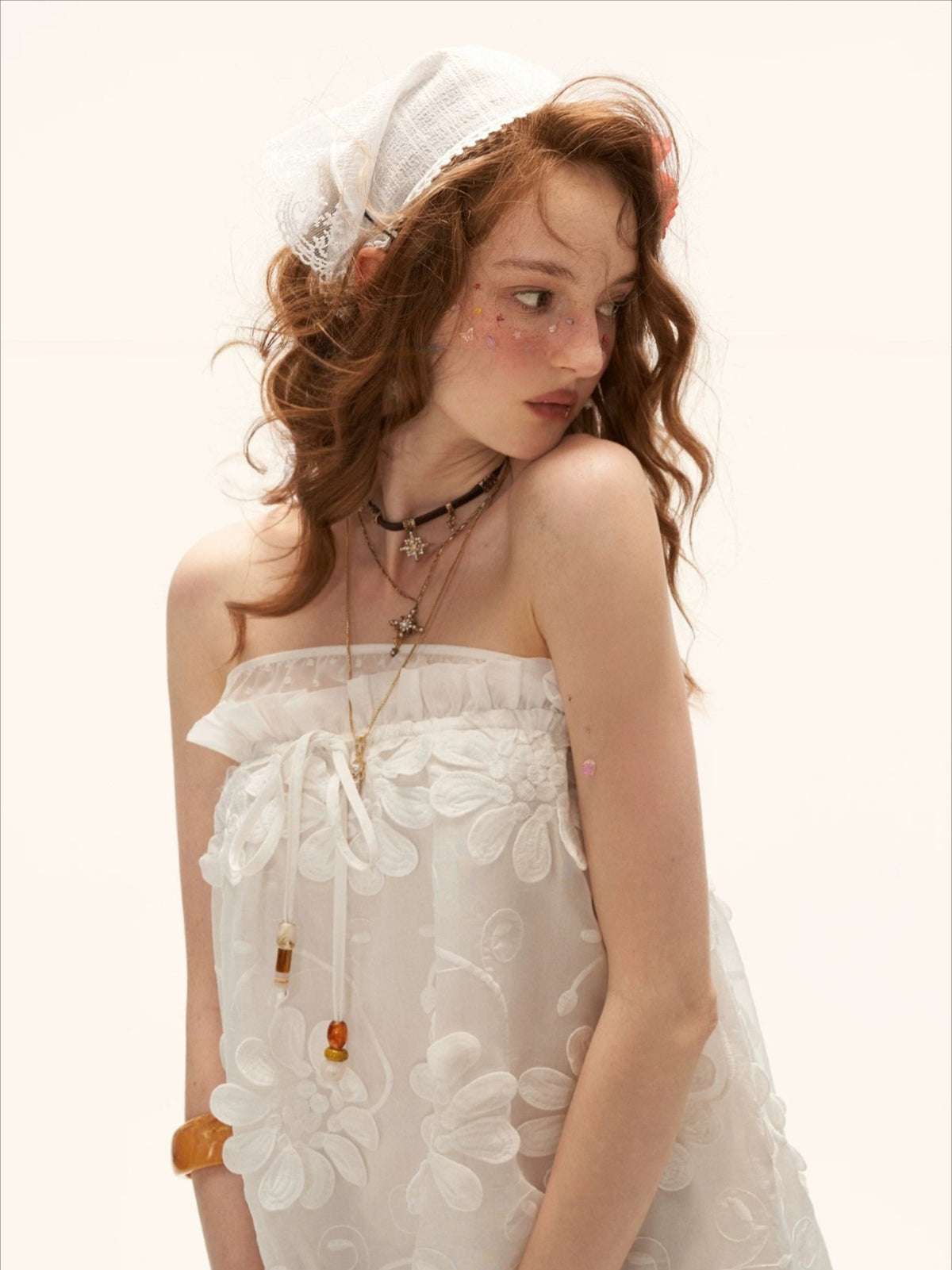 White Floral Appliqué Strapless Mini Dress