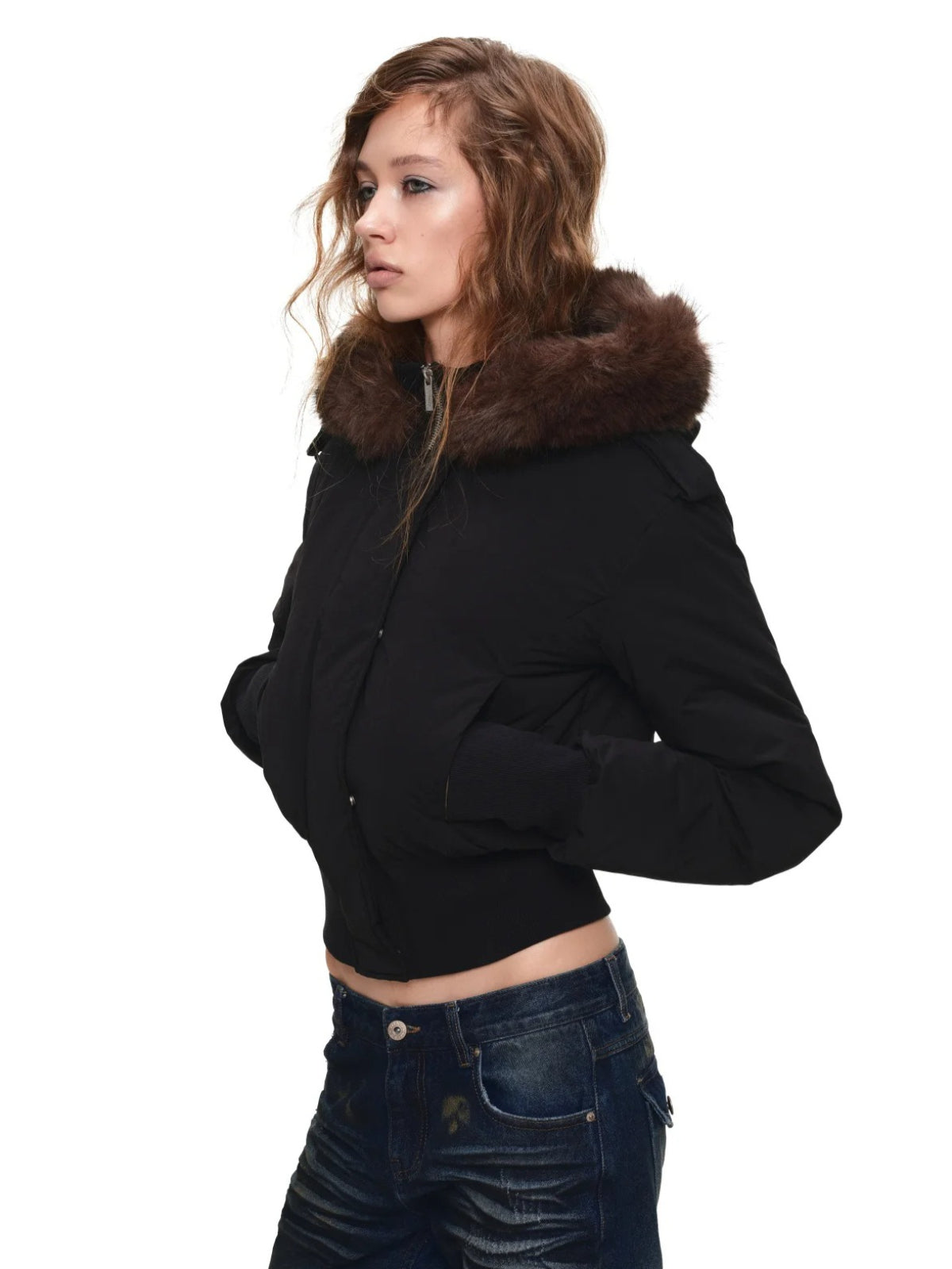 Detachable Faux Fur Ribbed-Waist Down Jacket