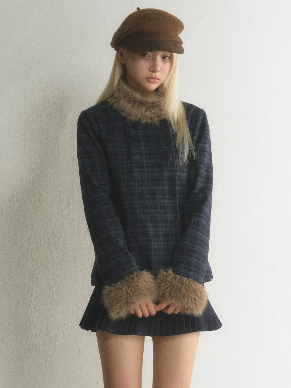 Plaid Fur-Trimmed Double-Breasted Jacket