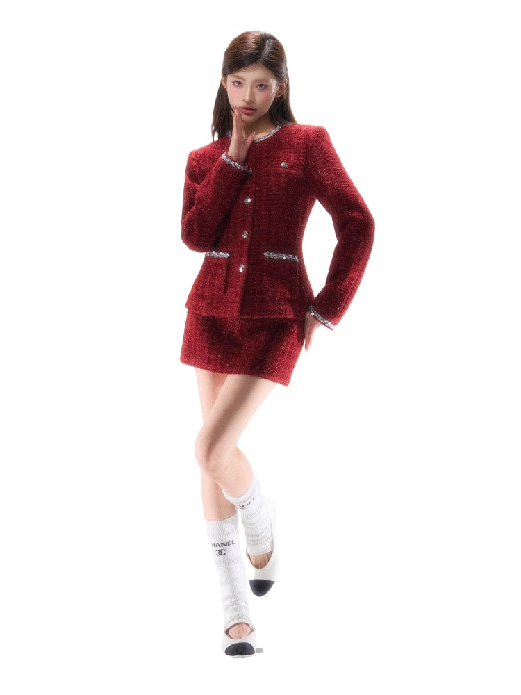 Metallic-Tweed Cinched Jacket Low-Rise Skirt Set