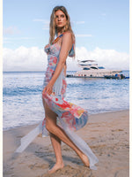 Chiffon Floral-print Halter Neck Backless Irregular Dress