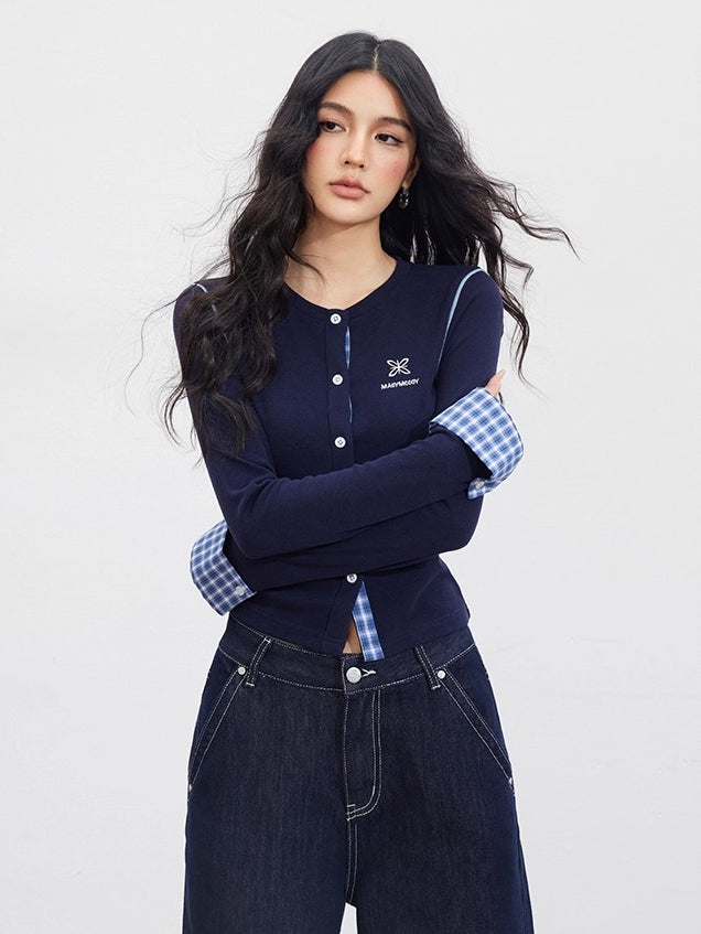 Navy Plaid Embroidered Knit Top