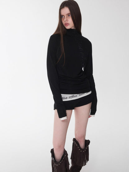 Rhinestone High Neck Raglan Knit Top