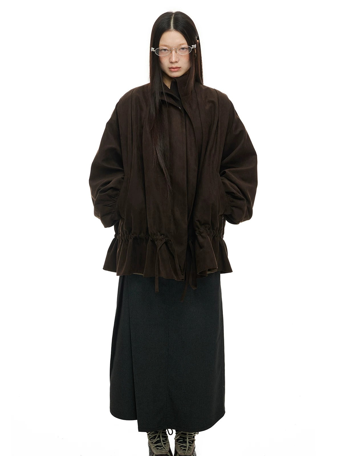 Suede Drawstring Trim Coat