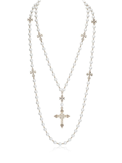 Layered Punk Heart Pearl Cross Long Necklace