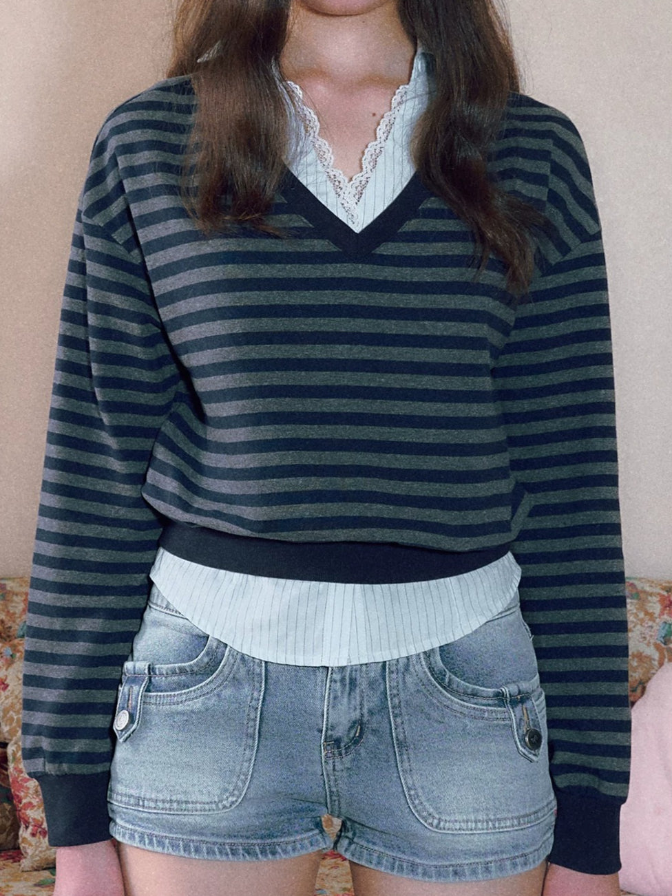 Lace V-Neck Striped Shirt
