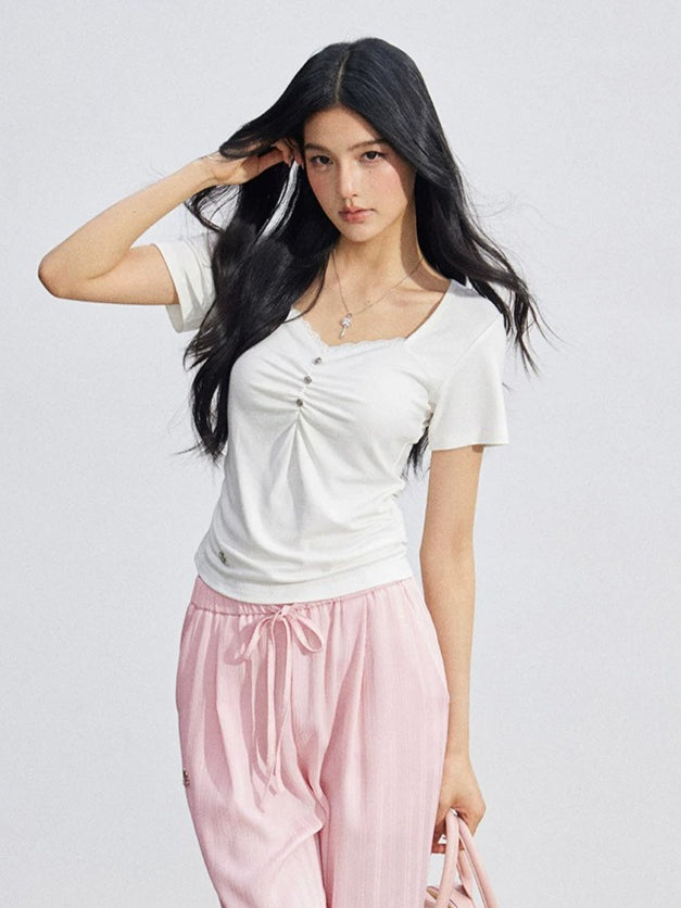 Lace Ruched Slim Tee
