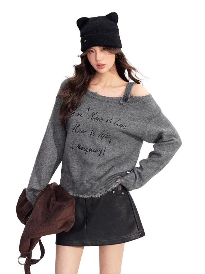 Off Shoulder Embroidered Distressed Sweater