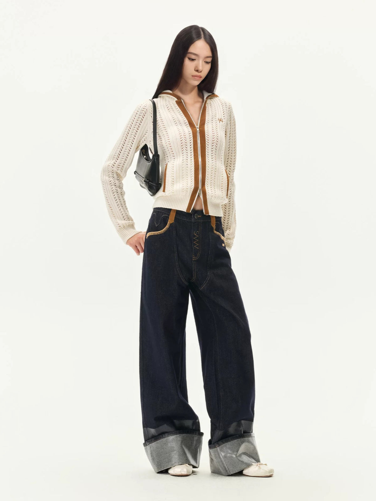 Vintage Coated Folded Wide Leg Jeans