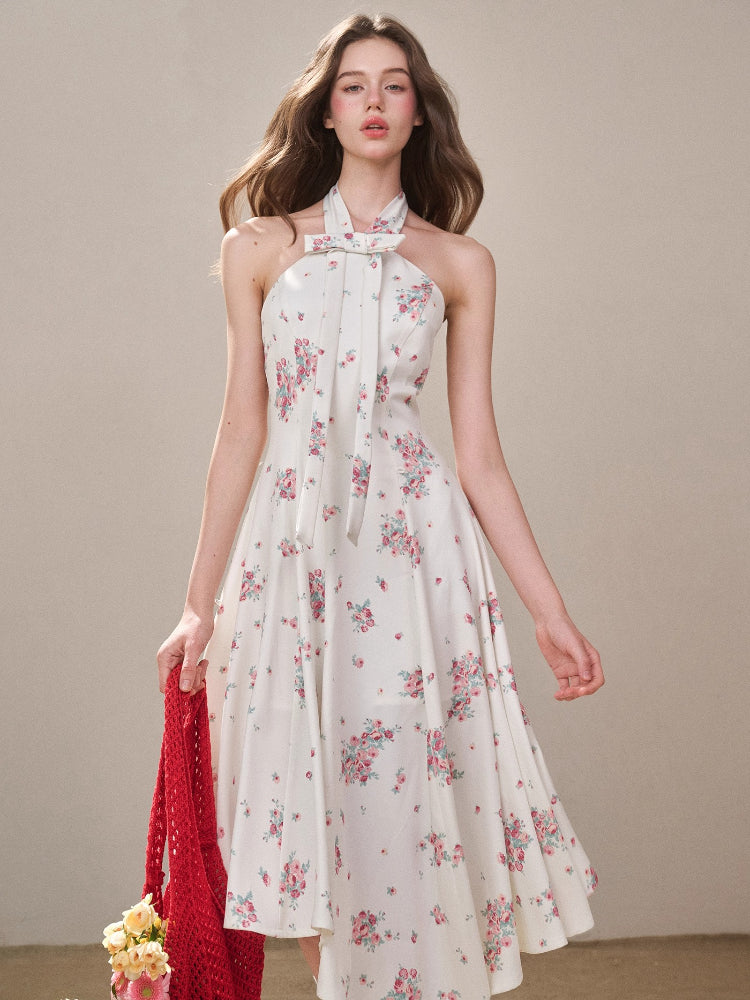 Rose Pleats Halter Midi Dress