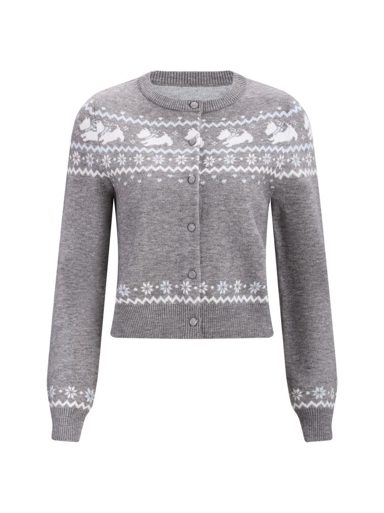 Gray Fair Isle Pattern Knit Cardigan