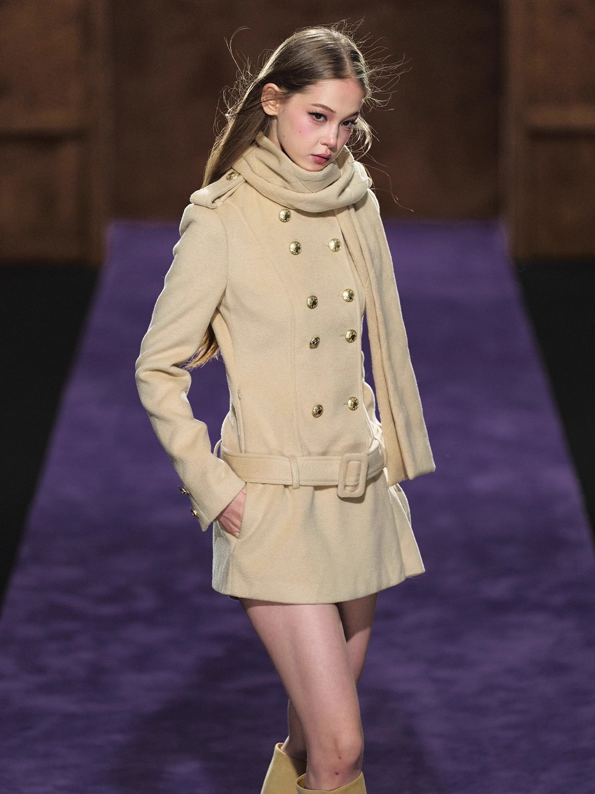 Wool Scarf-Collar Double-Breasted Dress