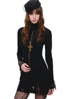 High Neck Cutout Knit A-Line Dress