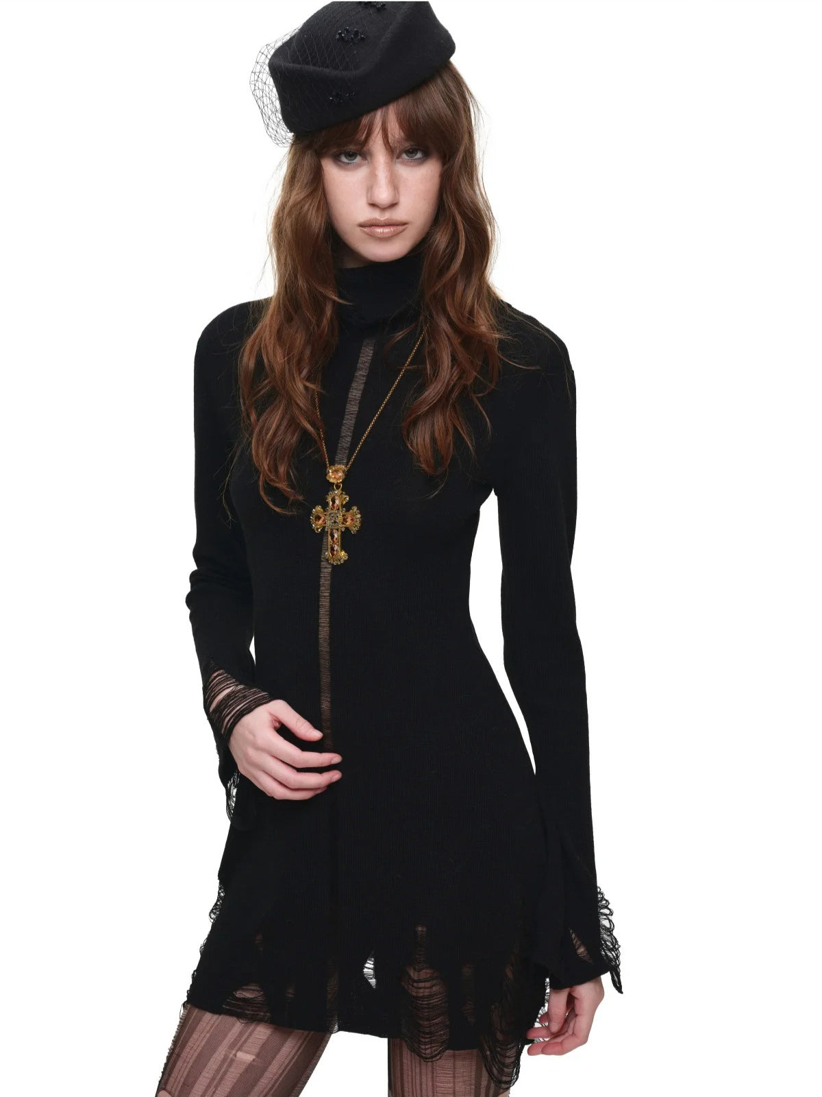High Neck Cutout Knit A-Line Dress