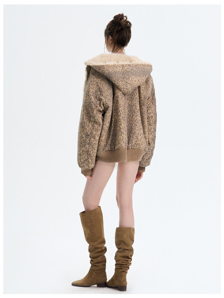 Leopard Printed Faux Fur Hooded Jacket
