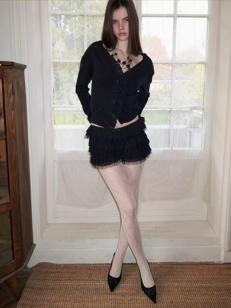 Ruffle Trim Ruched Knit Cardigan