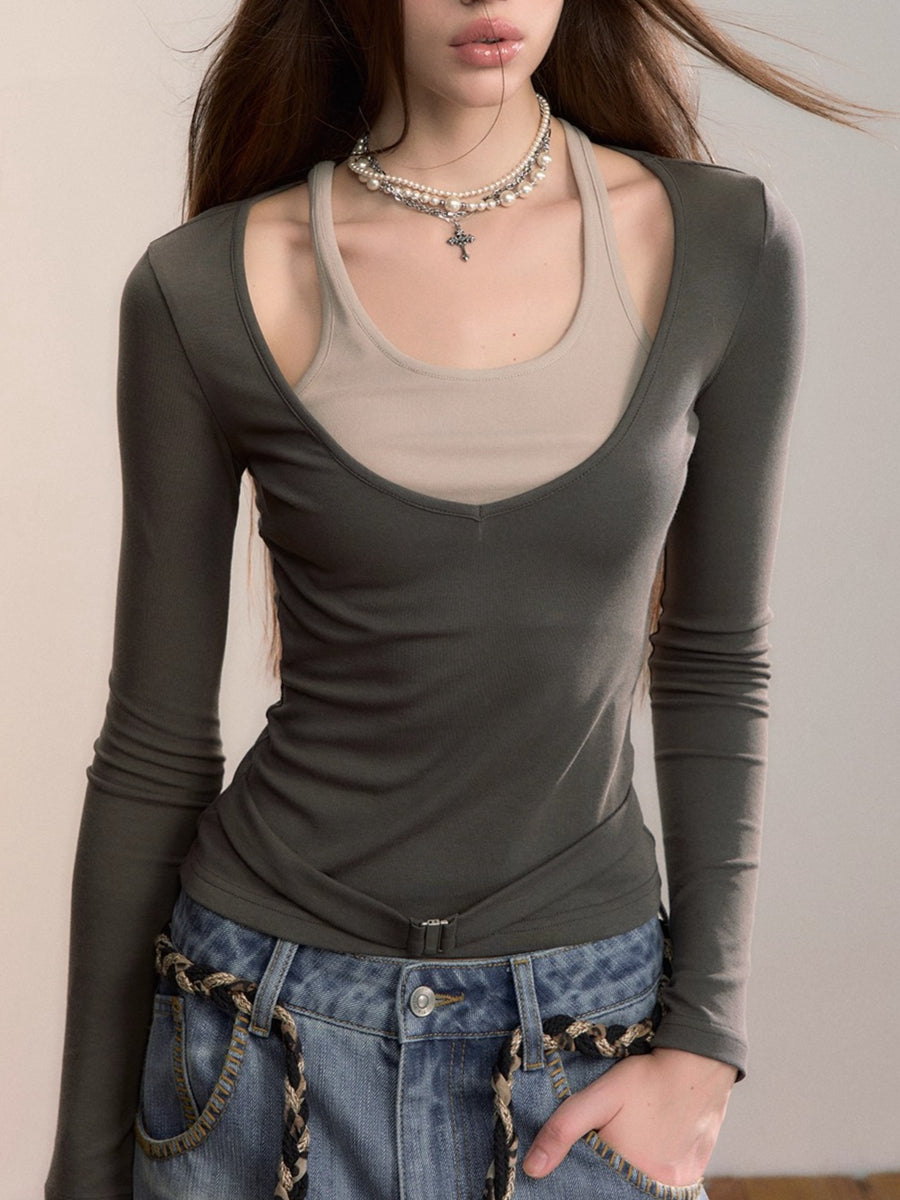 Contrast Belt Knit Top