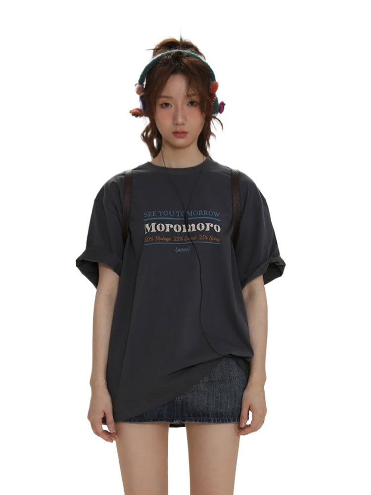 Vintage Simple Letter Embroidery Short Sleeve T-shirt