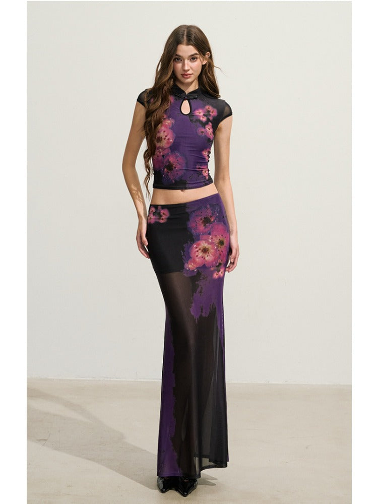 Purple Floral Cheongsam Mesh Set