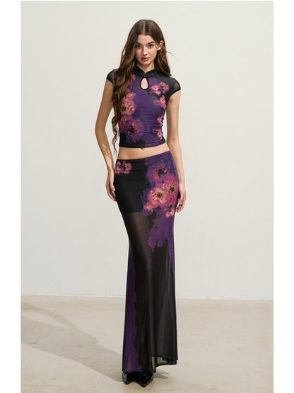 Purple Floral Cheongsam Mesh Set
