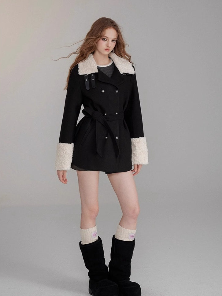 Belted Faux Fur-Cuff Mid-Length Coat