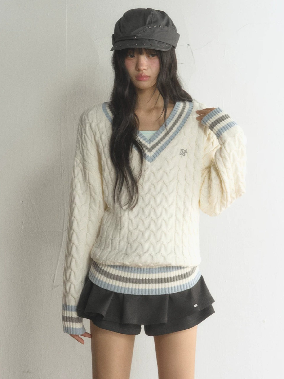 Preppy Contrast V-Neck Cable-Knit Sweater