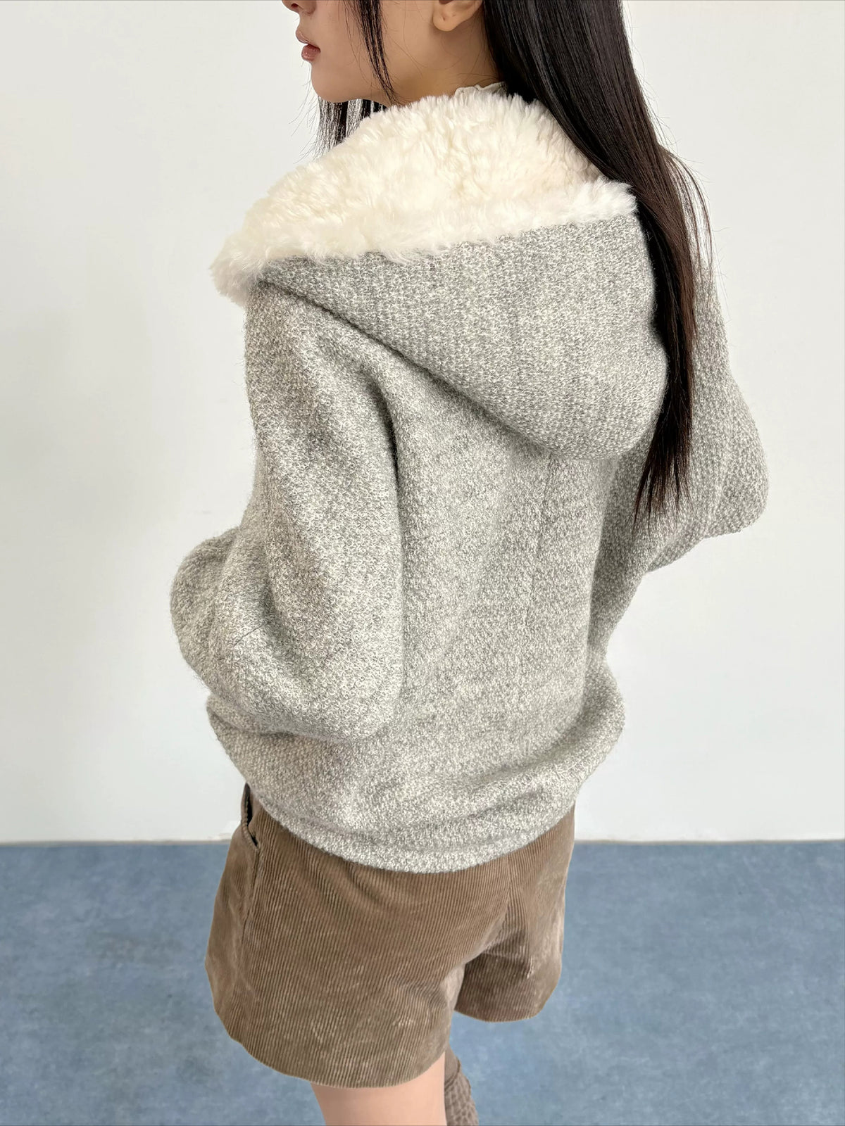Gray Hooded Wool-Blend Coat