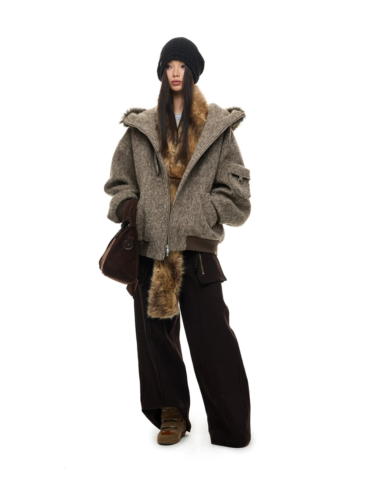 Fur Collar Hooded Wool Coat