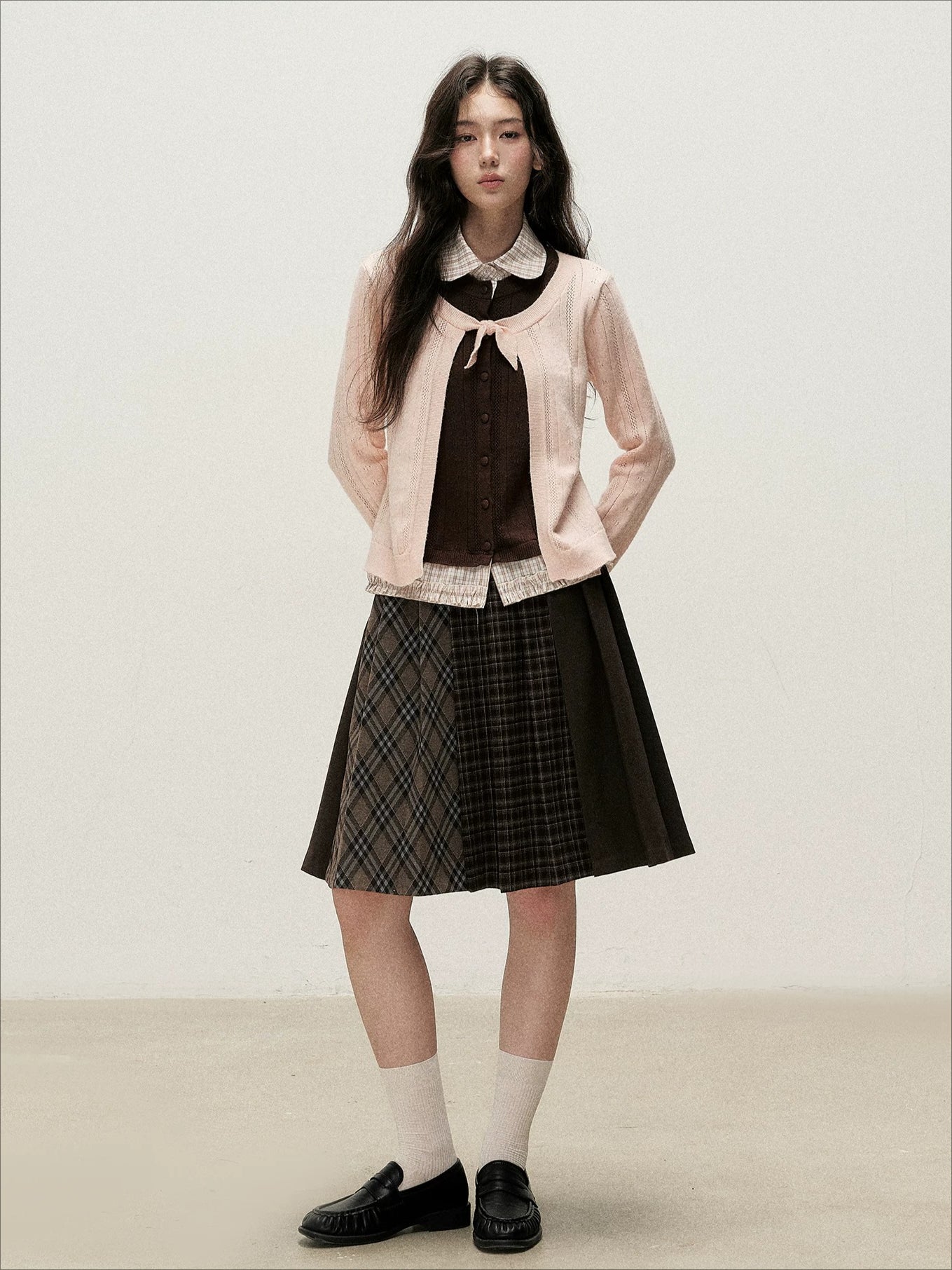 Plaid Collar Layered Knit Top