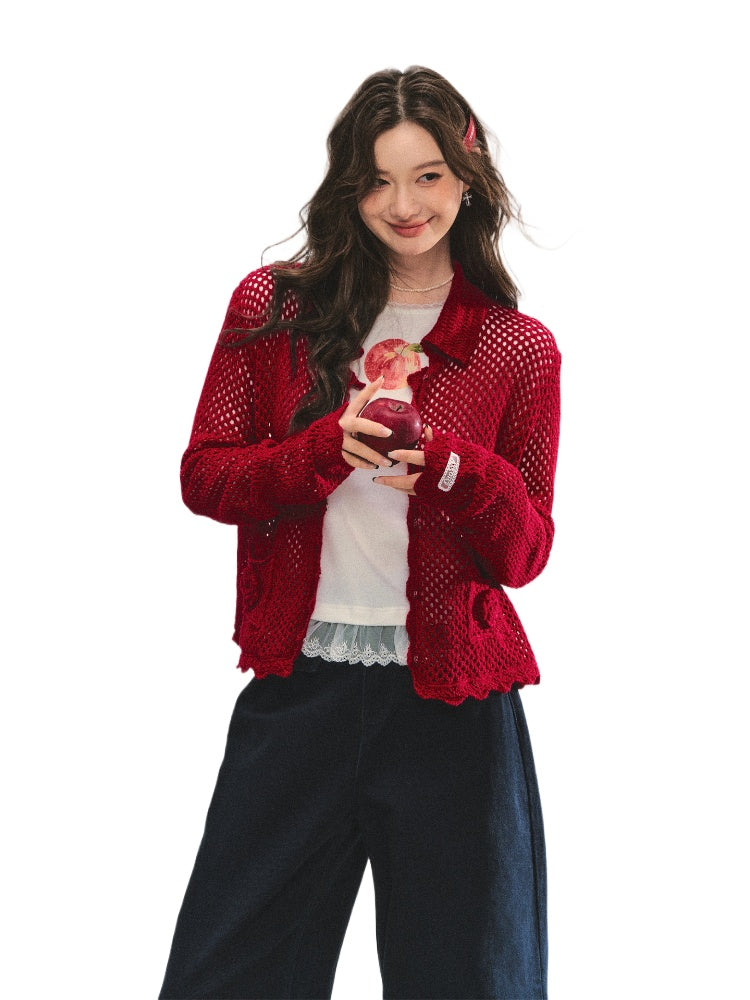 Hollow-out 3D Flower Crochet Lapel Cardigan