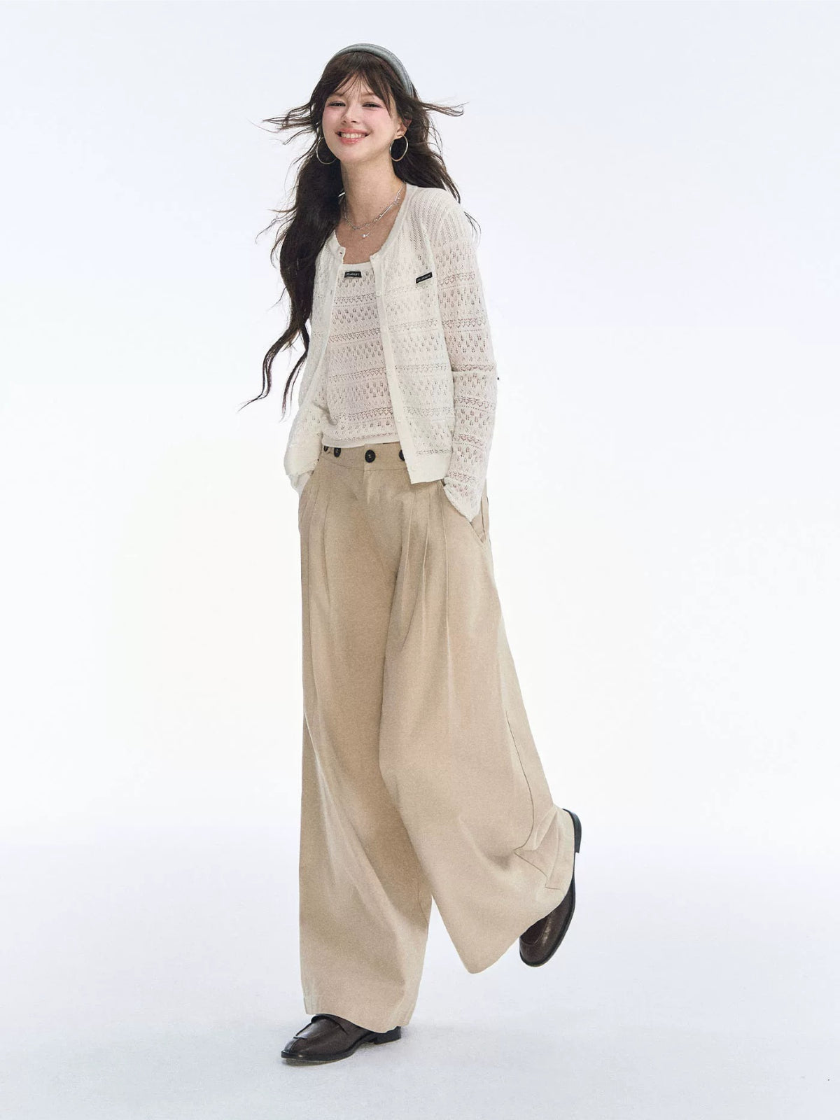 Khaki Pleated Wide Leg Trousers