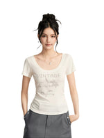 Rhinestone Floral U-Neck T-shirt