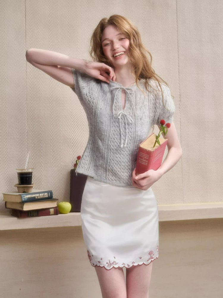 Mint Embroidered Satin A-Line Skirt