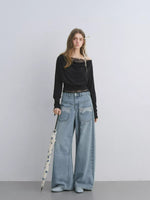 Draped Neck Cinched Waist Lace Patchwork Top