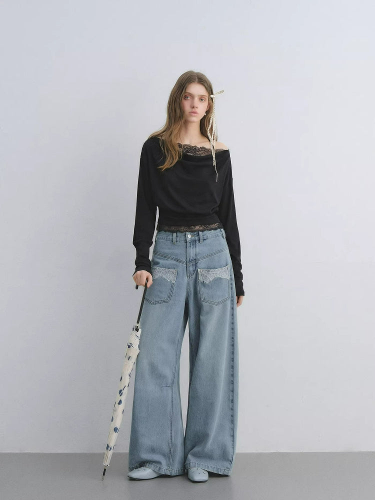 Draped Neck Cinched Waist Lace Patchwork Top