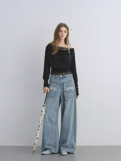 Draped Neck Cinched Waist Lace Patchwork Top